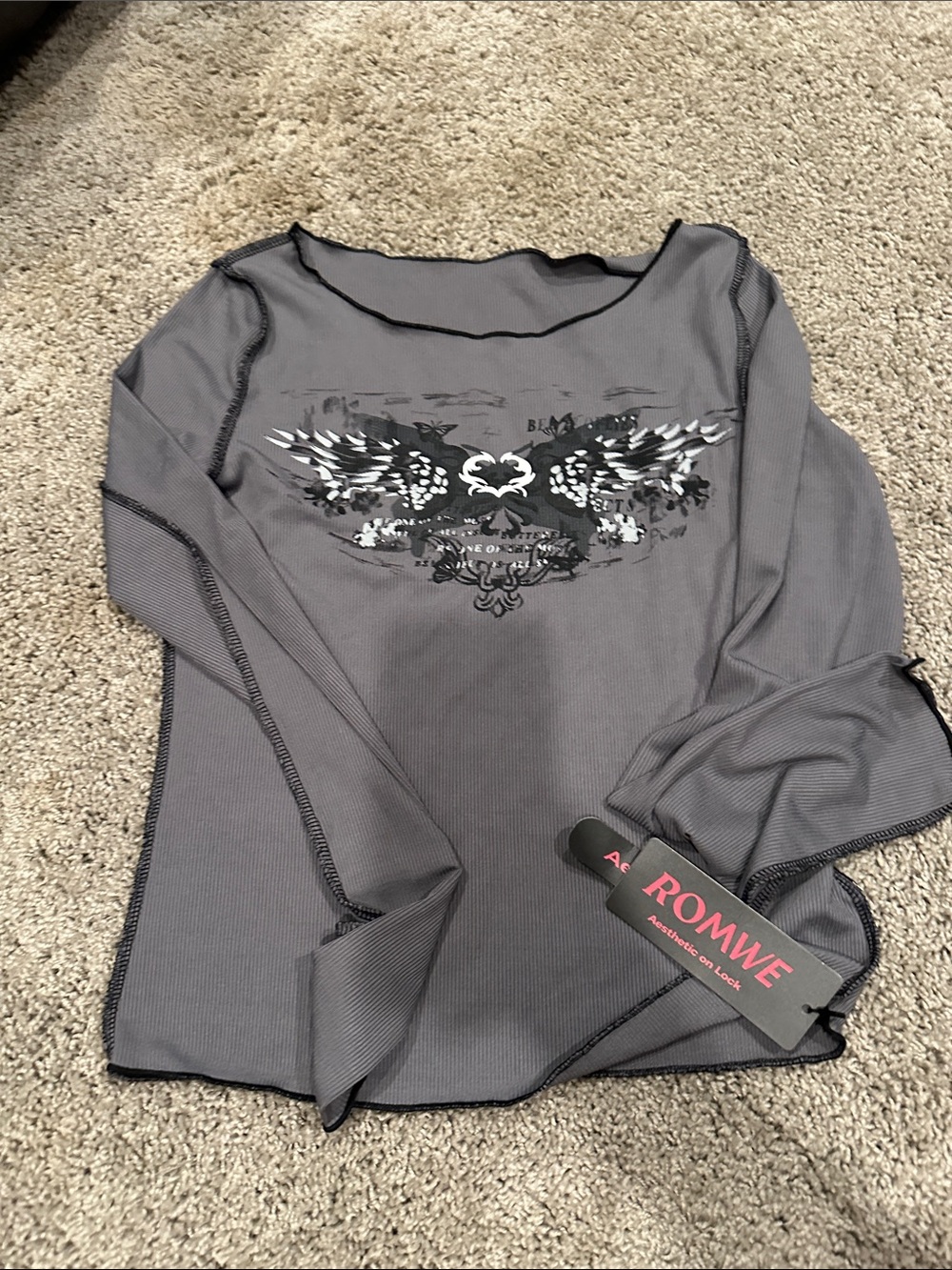 ROMWE Grey Long-Sleeve Graphic Mesh Top